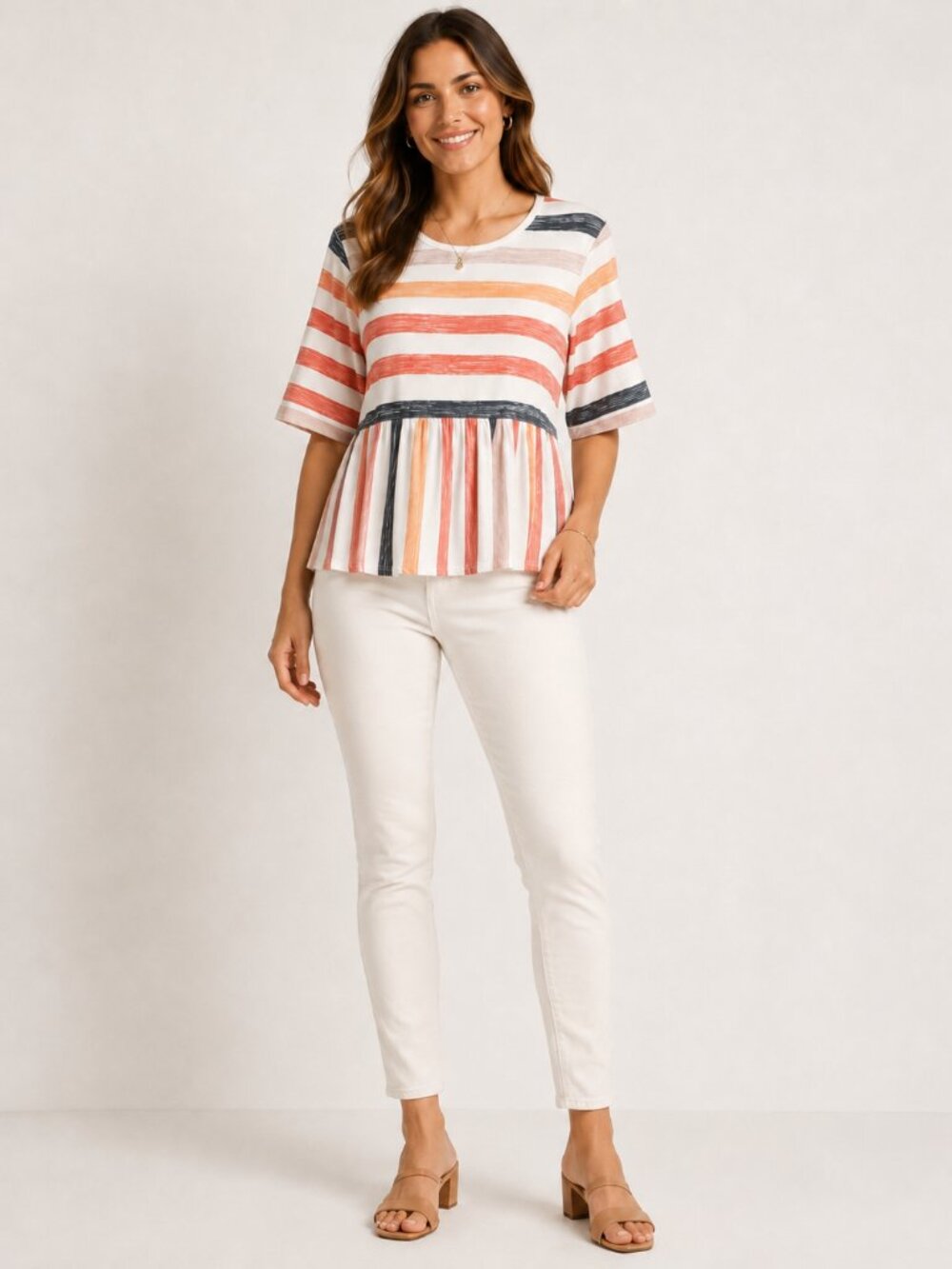 SHEIN Curve 5XL Plus Multicolor Striped Peplum Bell Sleeve Top